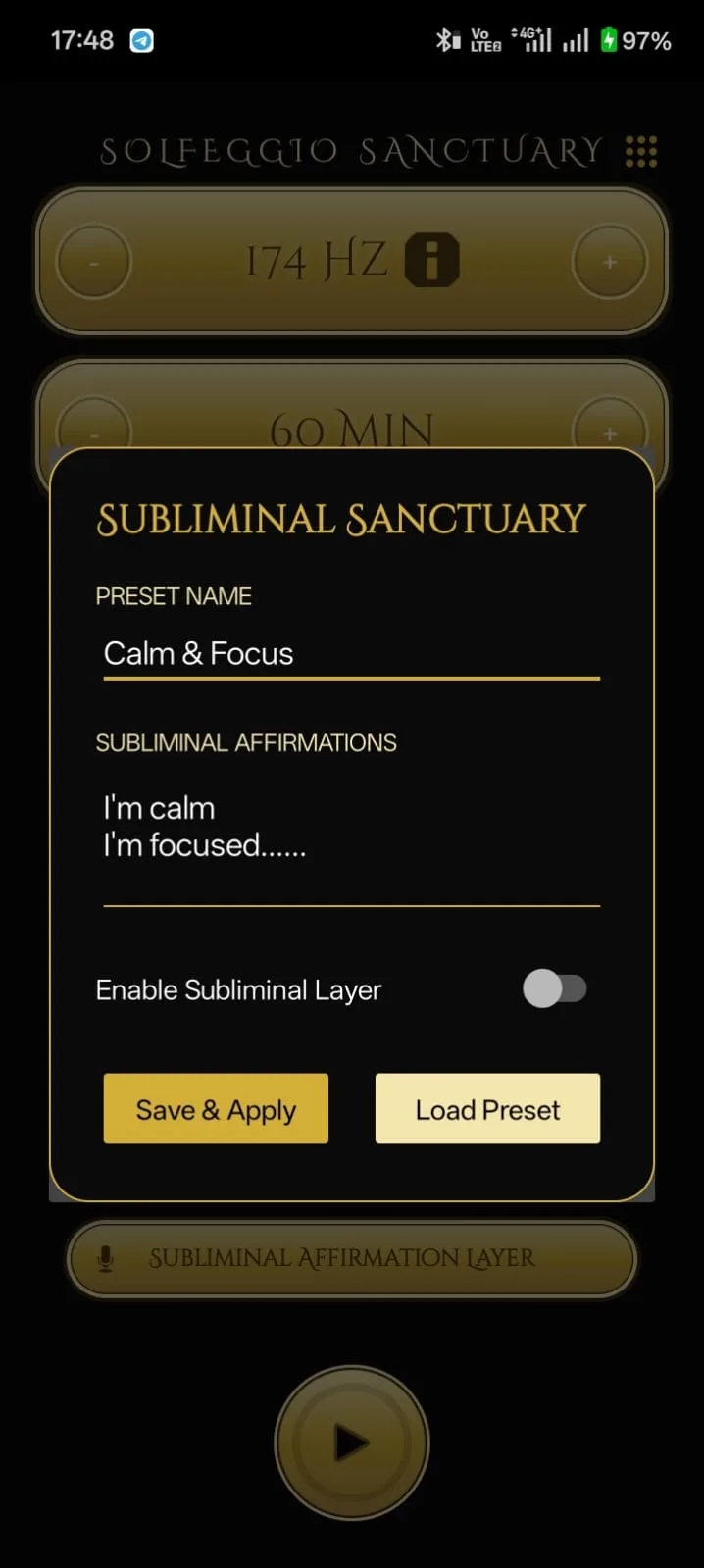 Solfeggio Sanctuary on a phone: the subliminal affirmations window with a preset name, two lines of affirmations, a layer switch and Save and Apply and Load Preset buttons