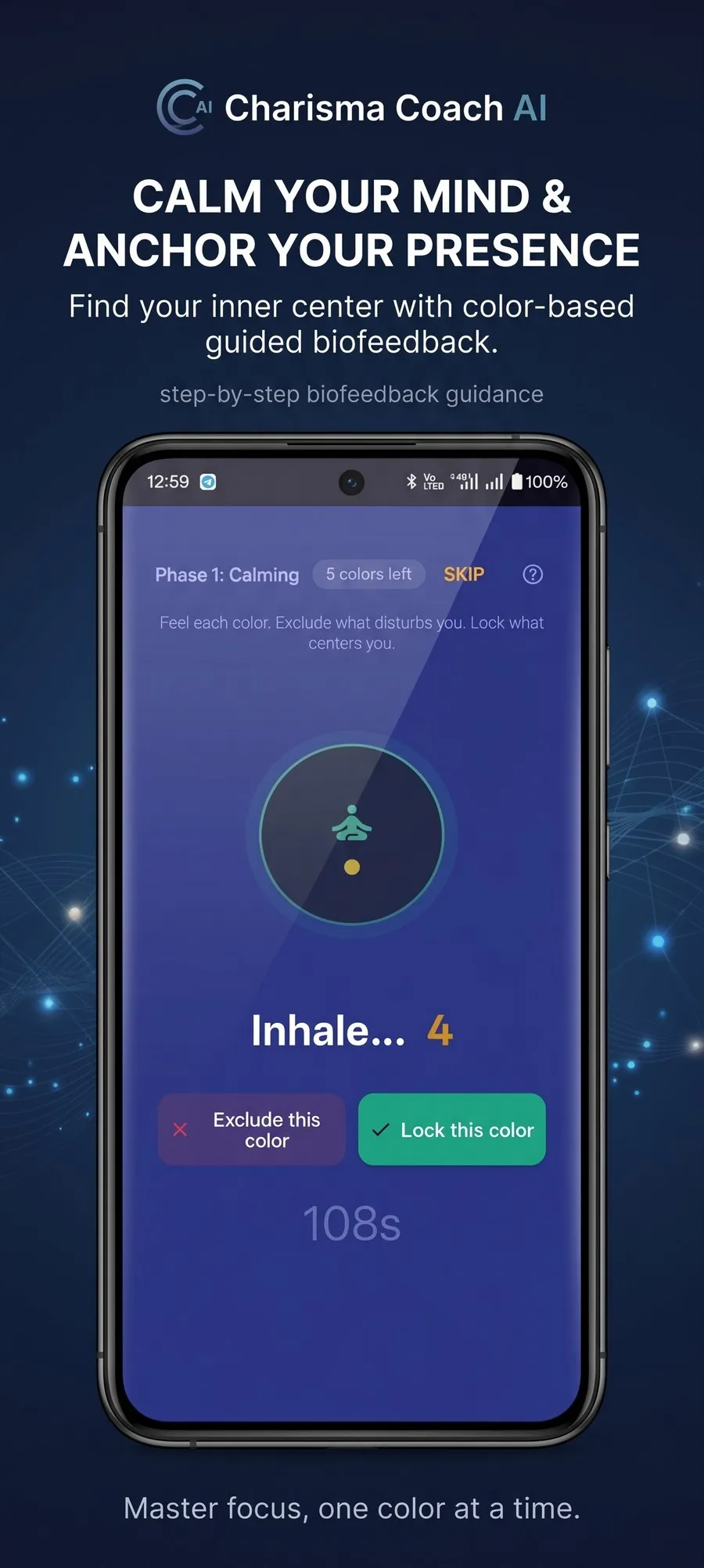 Charisma Coach AI biofeedback screen: phase 1 Calming, a guided breathing circle with a coloured dot, and buttons to exclude or lock a colour
