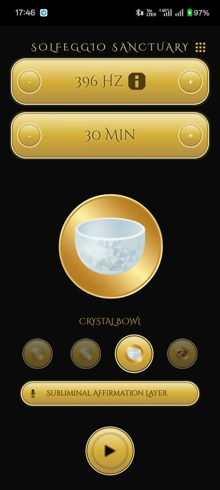 Solfeggio Sanctuary on a phone: the crystal bowl sound selected at 396 Hz with a 30 minute timer