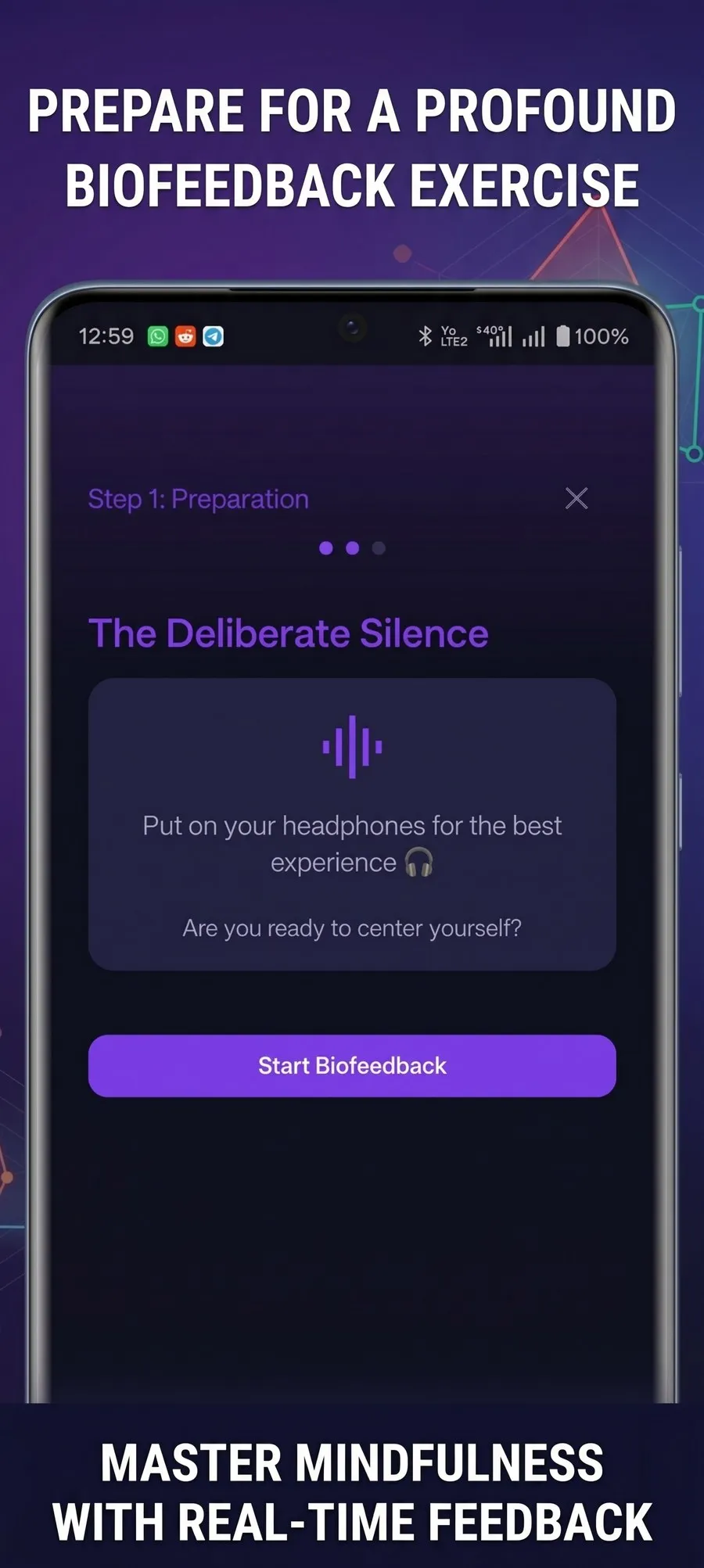 The Deliberate Silence exercise in Charisma Coach AI, step 1 Preparation, with a button to start the biofeedback