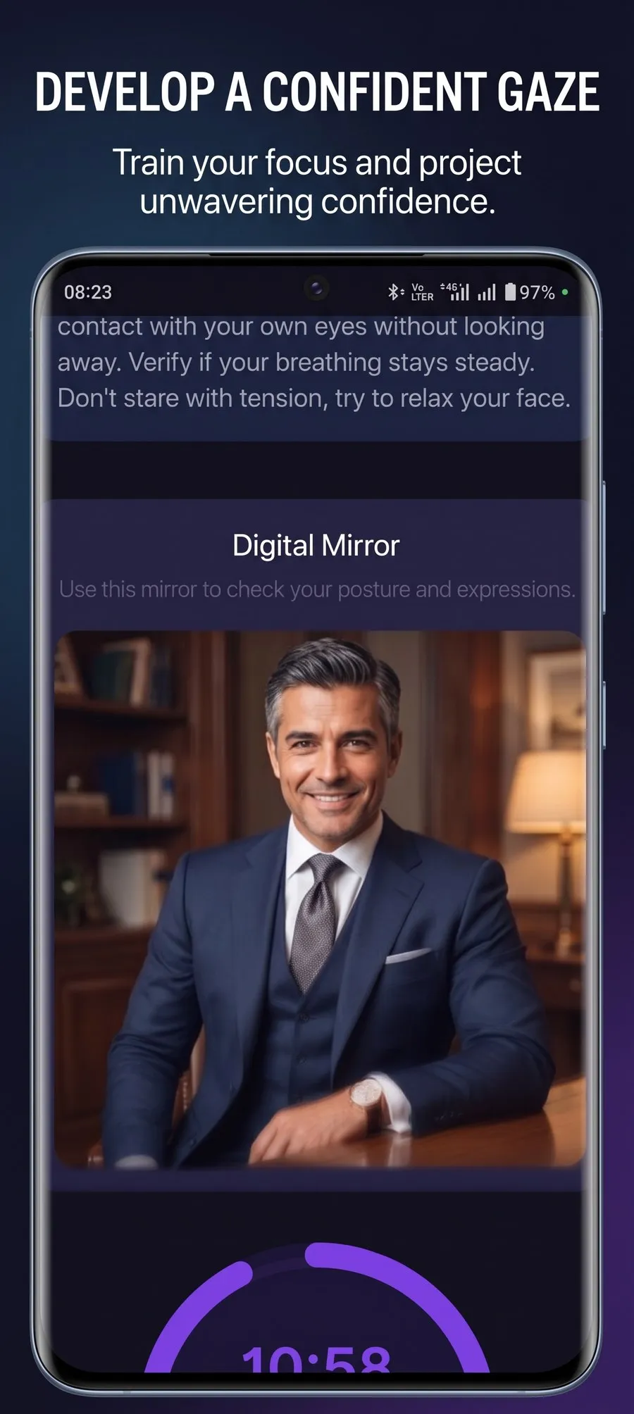 The Digital Mirror in Charisma Coach AI, a camera view to check your posture and expressions, shown under the instructions of a gaze exercise