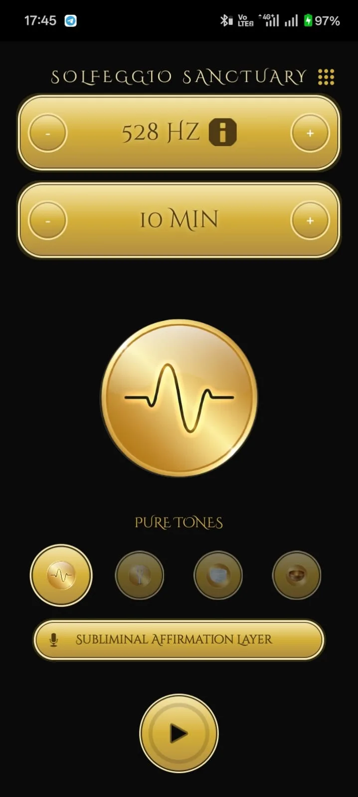 Solfeggio Sanctuary on a phone: the pure tone sound selected at 528 Hz with a 10 minute timer