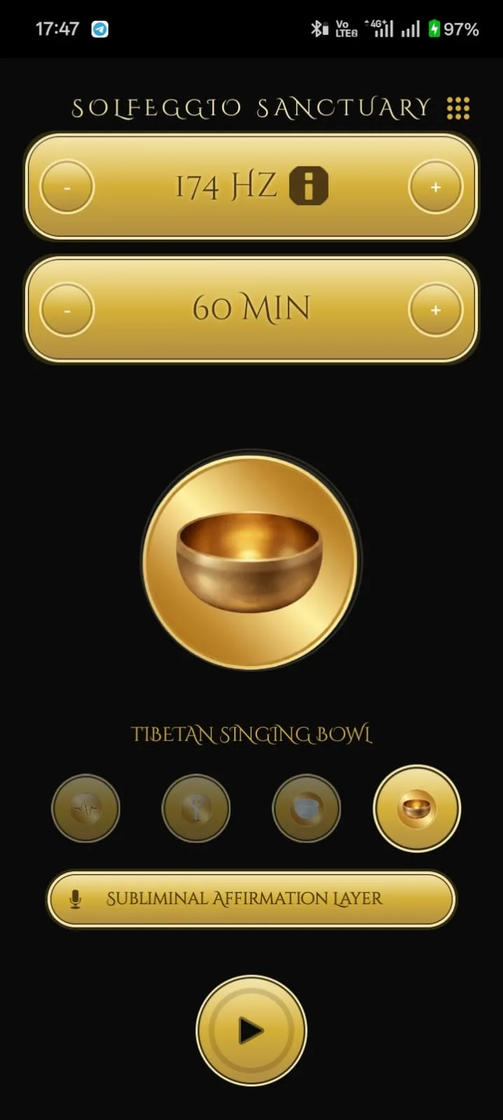 Solfeggio Sanctuary on a phone: the Tibetan singing bowl sound selected at 174 Hz with a 60 minute timer