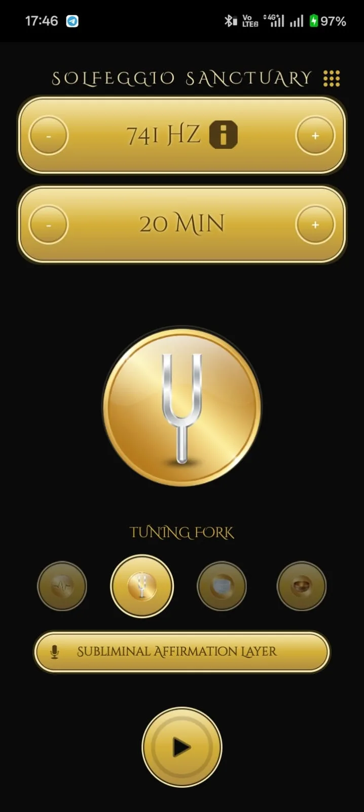 Solfeggio Sanctuary on a phone: the tuning fork sound selected at 741 Hz with a 20 minute timer