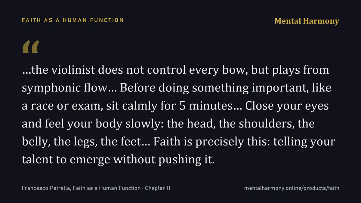Quote from Chapter 11 of Faith as a Human Function: before doing something important, sit calmly for 5 minutes and feel your body slowly. Faith is telling your talent to emerge without pushing it.
