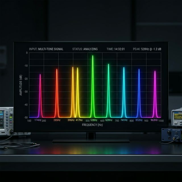 The full solfeggio scale — nine frequency peaks visualized on a spectrum analyzer from 174 Hz to 963 Hz