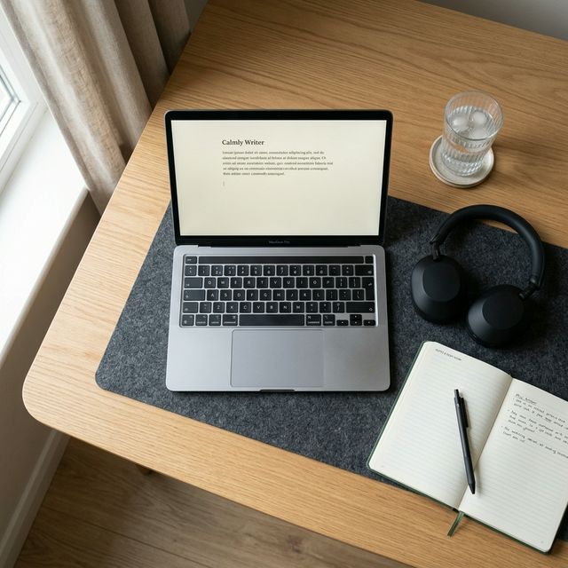 Clean desk with headphones and laptop — binaural beats deep work setup