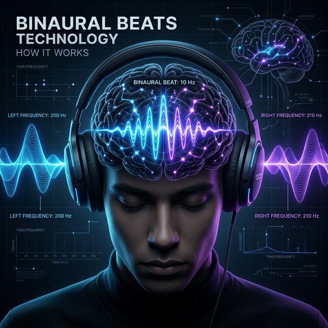Binaural beats mechanism — two sound waves entering each ear, brain perceiving the difference as a third frequency