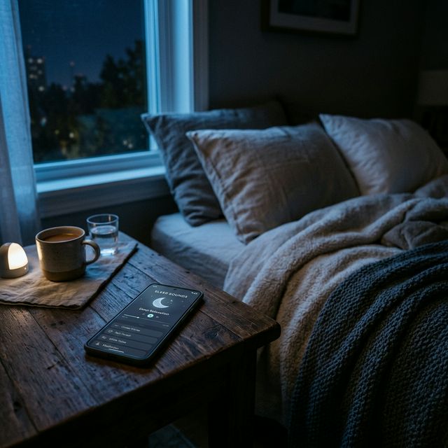 Dark bedroom with phone showing Binaural Therapy app on nightstand, soft ambient light