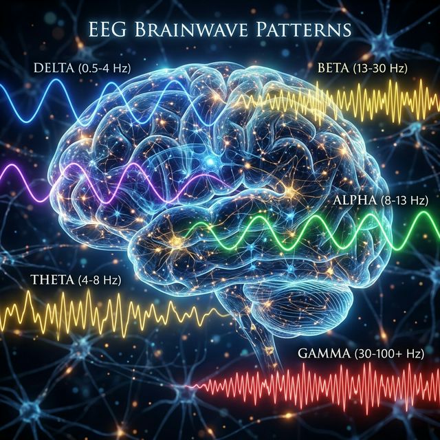 EEG brainwave patterns showing the five frequency bands: Delta, Theta, Alpha, Beta, Gamma